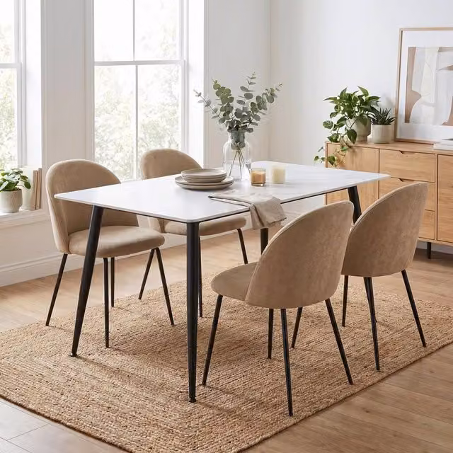 FWStyle Monaco 5 Piece White Sintered Stone Dining Set with Flaxen Linen Chairs – 1