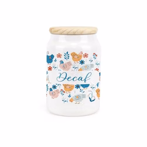 Purely Home Botanical Chickens Ceramic Decaf Storage Canister with Wooden Lid, Blue and White, 0.6 l, H 14.5 cm x W 9.5 cm