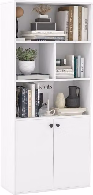 Costway 5-Tier Minimalist Bookcase with Double Doors in White