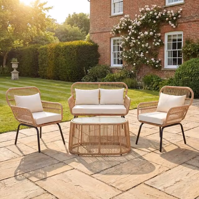 Carbini 4 Piece Modern Rattan and Metal Patio Bistro Set in Beige and Black with Glass Top