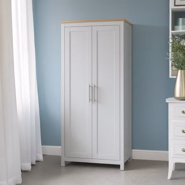 Home Treats Grey and White Bedroom Furniture Set with Pine Wood Top and Wardrobe Width: 76 cm