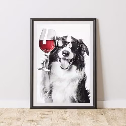 60 Second Makeover Funny Collie Drinking Wine Black and White Paper Poster, A3