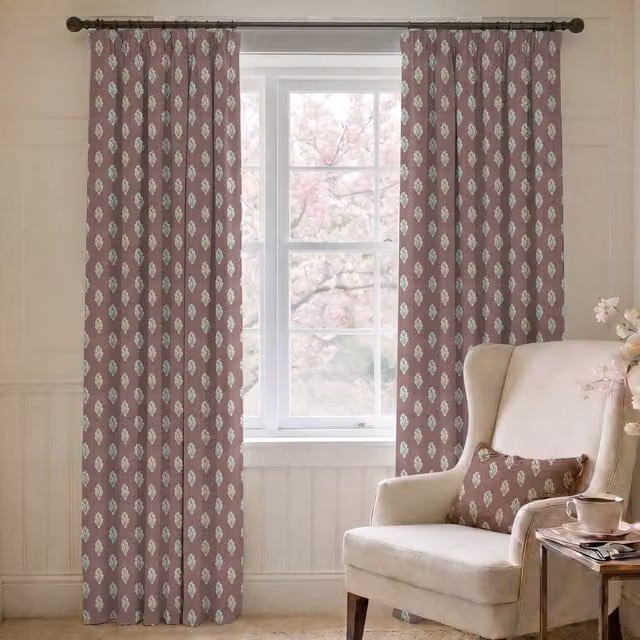 ANTE DECOR Hidcote Made To Measure Blackout Floral Cotton Eyelet Curtains in Dark Mauve