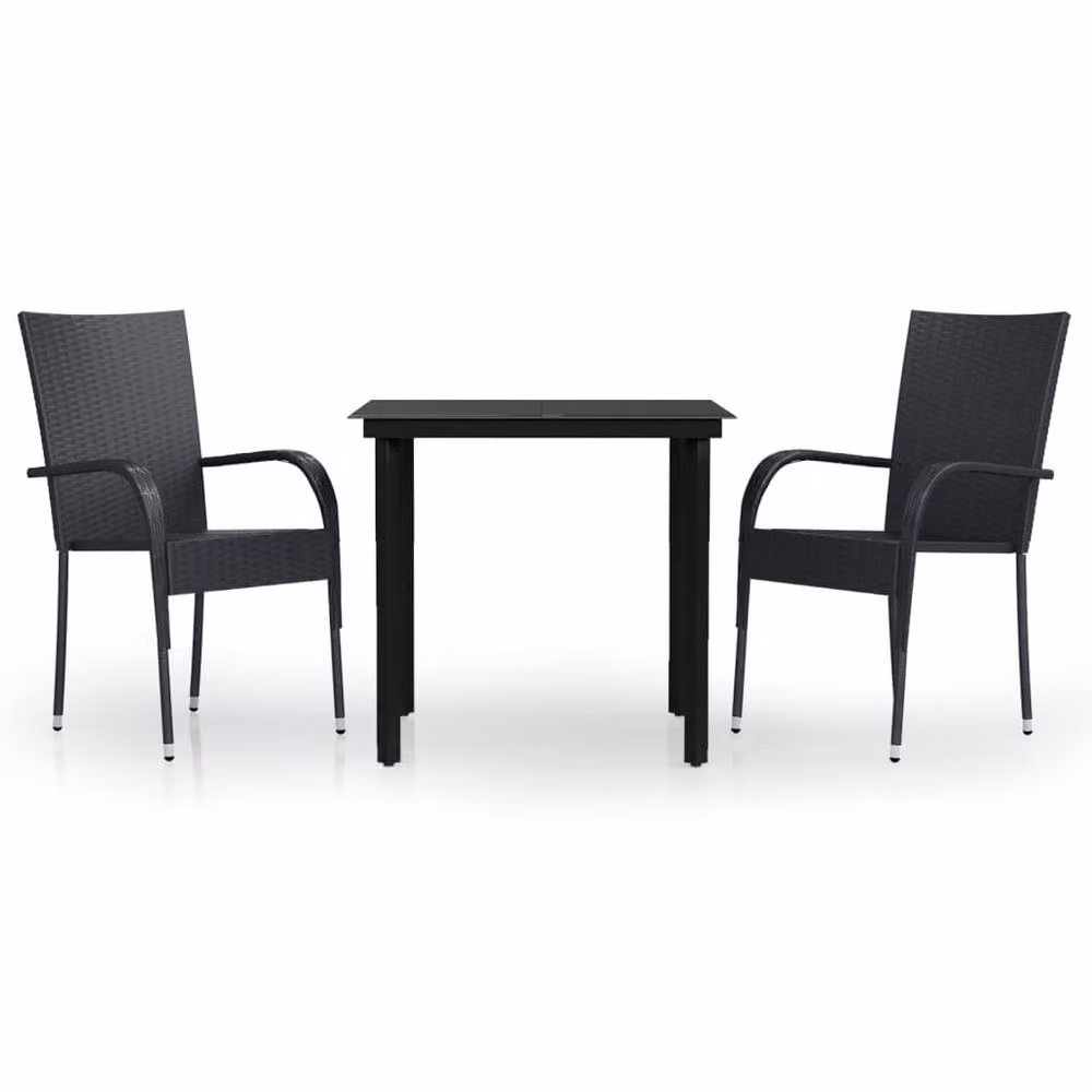 Berkfield Home 3 Piece Outdoor Dining Set in Black Rattan and Metal with Glass Top – 2