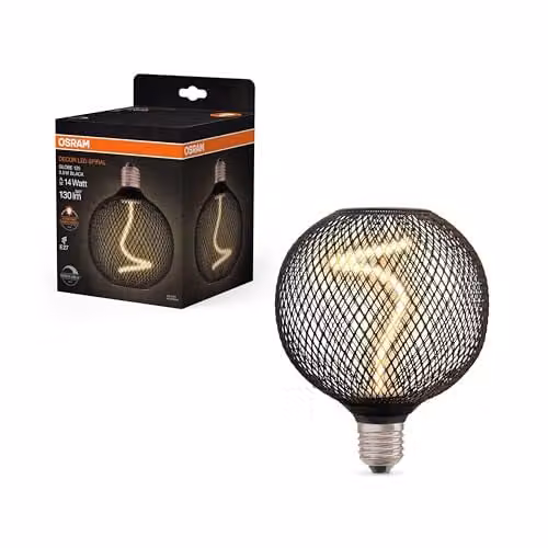Osram Decor LED Spiral Filament Globe Lamp, Black Transparent Glass, E27, 3.5W, 130lm, Warm White, Dimmable, Diameter: 12.5 cm