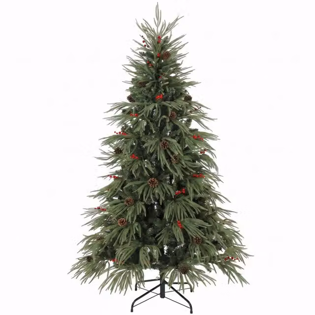 HOMCOM 6ft Green Artificial Christmas Tree with Pinecones, Red Berries and 2843 Branch Tips