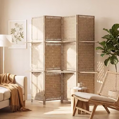 HOMCOM 4-Panel Folding Room Divider with Storage Shelves in Brown and Beige, Height: 180 cm – 3