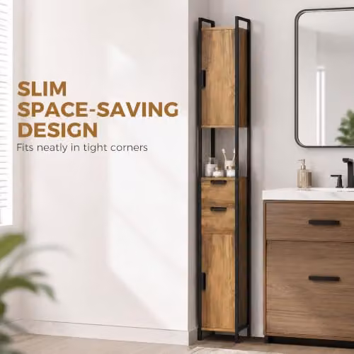 HOMCOM Industrial Freestanding Bathroom Cabinet with Soft-Close Doors, Internal Drawers and Shelves, Brown and Black, H 180 x W 25 x D 25 cm – 4