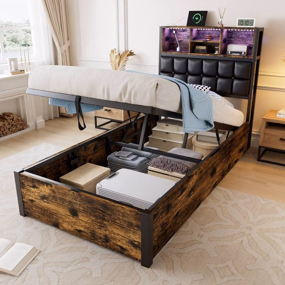 ModernLuxe Single Ottoman Bed in Walnut with LED Lighting, USB Charging Port and Storage Headboard – 4