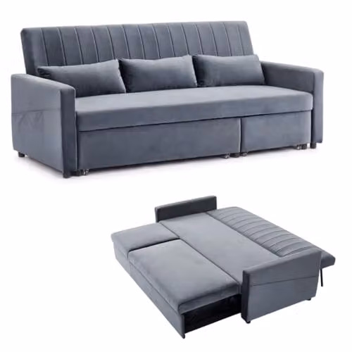 Home Detail Devon Grey Velvet L-Shape Pull-out Sofa Bed with Scatter Cushions, W180cm x D179cm – 1
