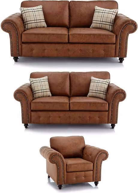 Furnishings For Less UK Oakland 3 Piece Chesterfield Sofa Suite in Brown Synthetic Leather, including 3 Seater Sofa, 2 Seater Sofa and Armchair