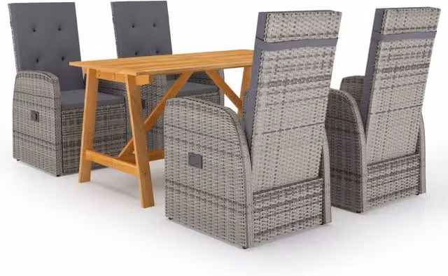 Berkfield Home 5 Piece Grey Poly Rattan Garden Dining Set with Acacia Wood Table and Cushions – 1
