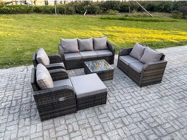 Fimous 8-Seater Rattan Garden Furniture Set in Grey with Tempered Glass Table