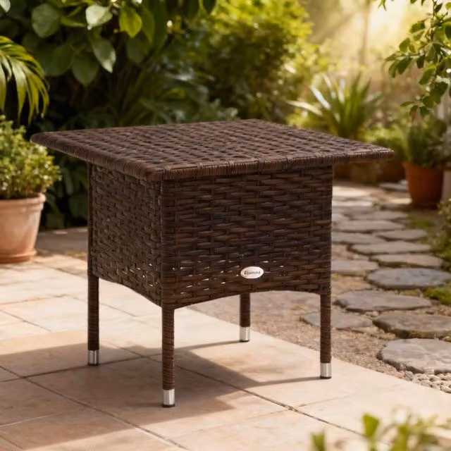 ERGOVEXA Brown Outdoor Rattan Side Table with Plastic Board, W/D/H: 50 x 50 x 47 cm