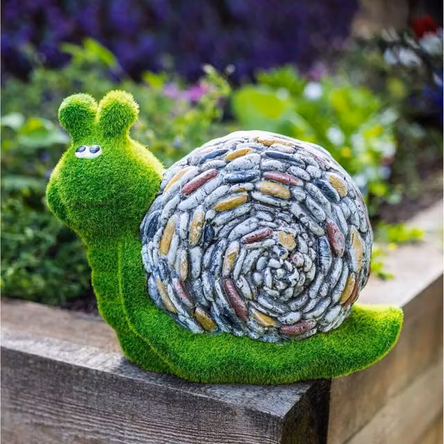 Garden Mile Flocked Moss Snail Garden Ornament, Green Resin