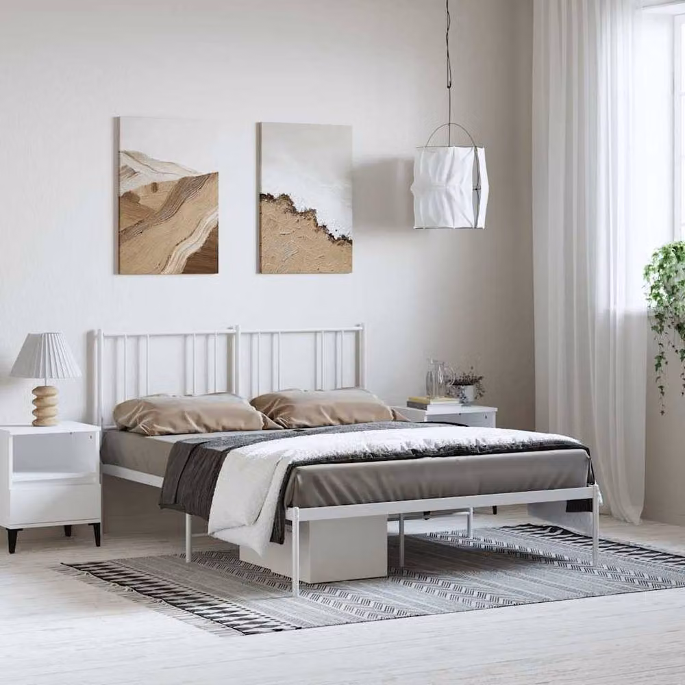 Berkfield Home Metal Bed Frame with Headboard in White, W: 135 cm x L: 190 cm – 2
