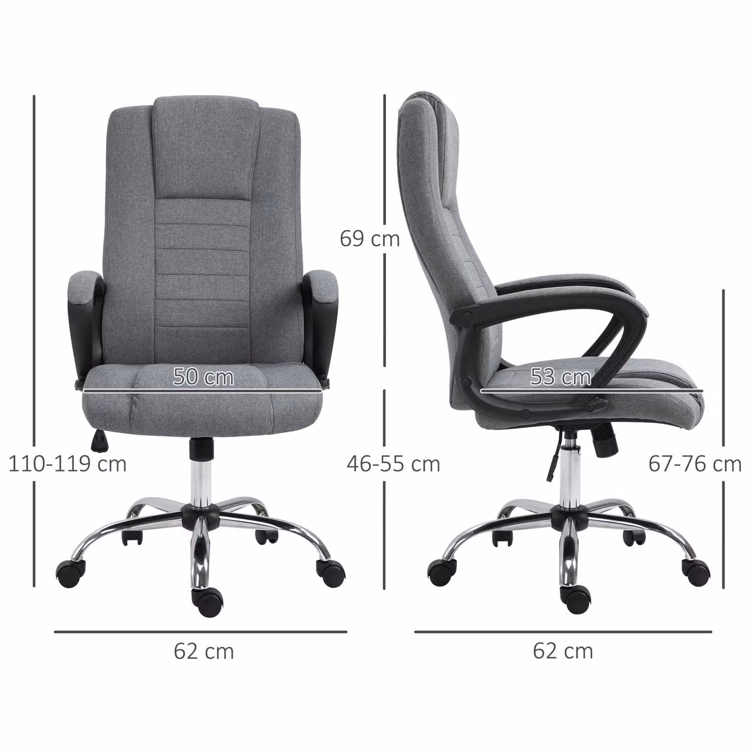 Vinsetto High Back Swivel Office Chair in Grey Linen Fabric with Adjustable Height and Tilt Function – 3