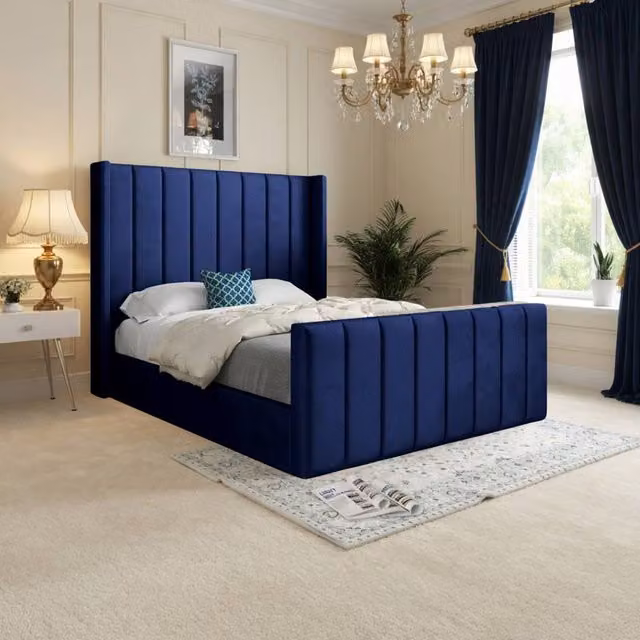KDMD Sturminster Winged Upholstered Designer Bed Frame in Blue Soft Velvet, W/D/H: 200 x 137 x 189 cm – 1