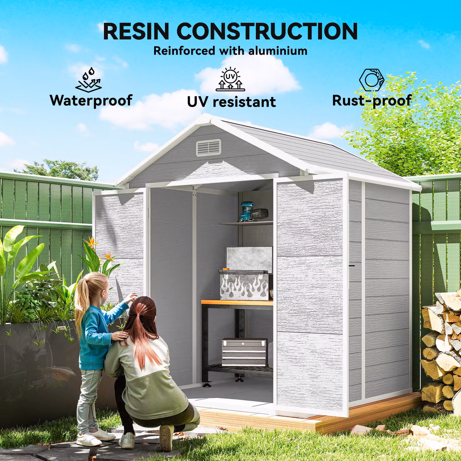 Outsunny Wood Effect Resin Outdoor Tool Shed with Lockable Double Doors and Air Vents, Light Grey – 3
