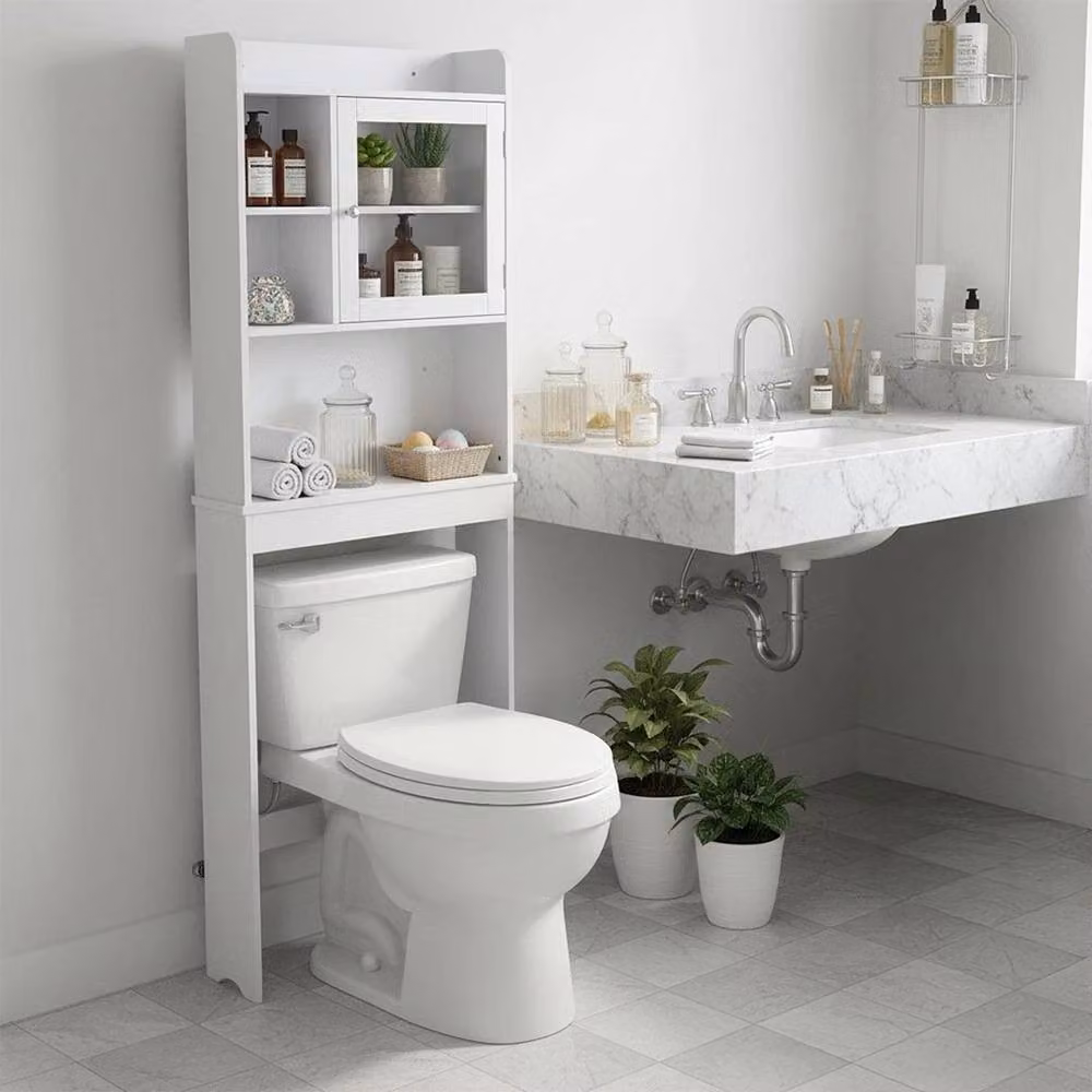 Kelvenix Modern White Over Toilet Bathroom Storage Rack with Glass Doors and Internal Shelves – 2