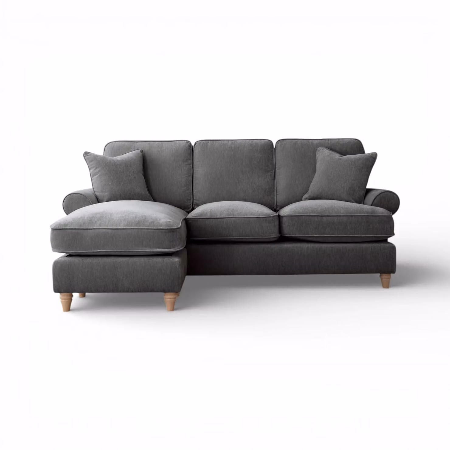 The Great Sofa Company Ezra Left Hand Velvet Chaise Sofa in Charcoal Grey with Scroll Arms and Scatter Cushions – 2