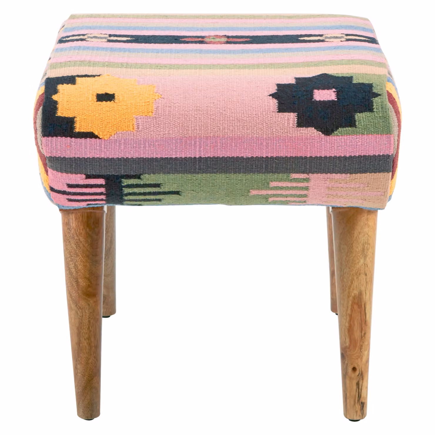 Orsina Multicolour Upholstered Boho Footstool with Mango Wood Legs and Abstract Cotton Seat, W/D/H: 58 x 45 x 45 cm – 3