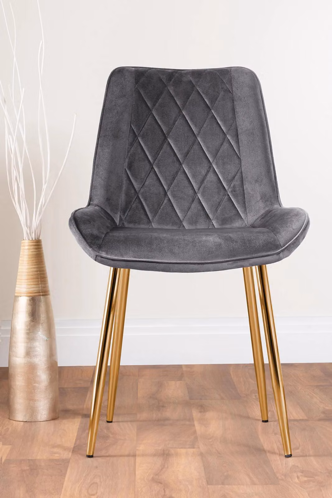 FurnitureboxUK Elina White Marble Effect Round Dining Table and 2 Pesaro Gold Leg Grey Velvet Chairs – 3
