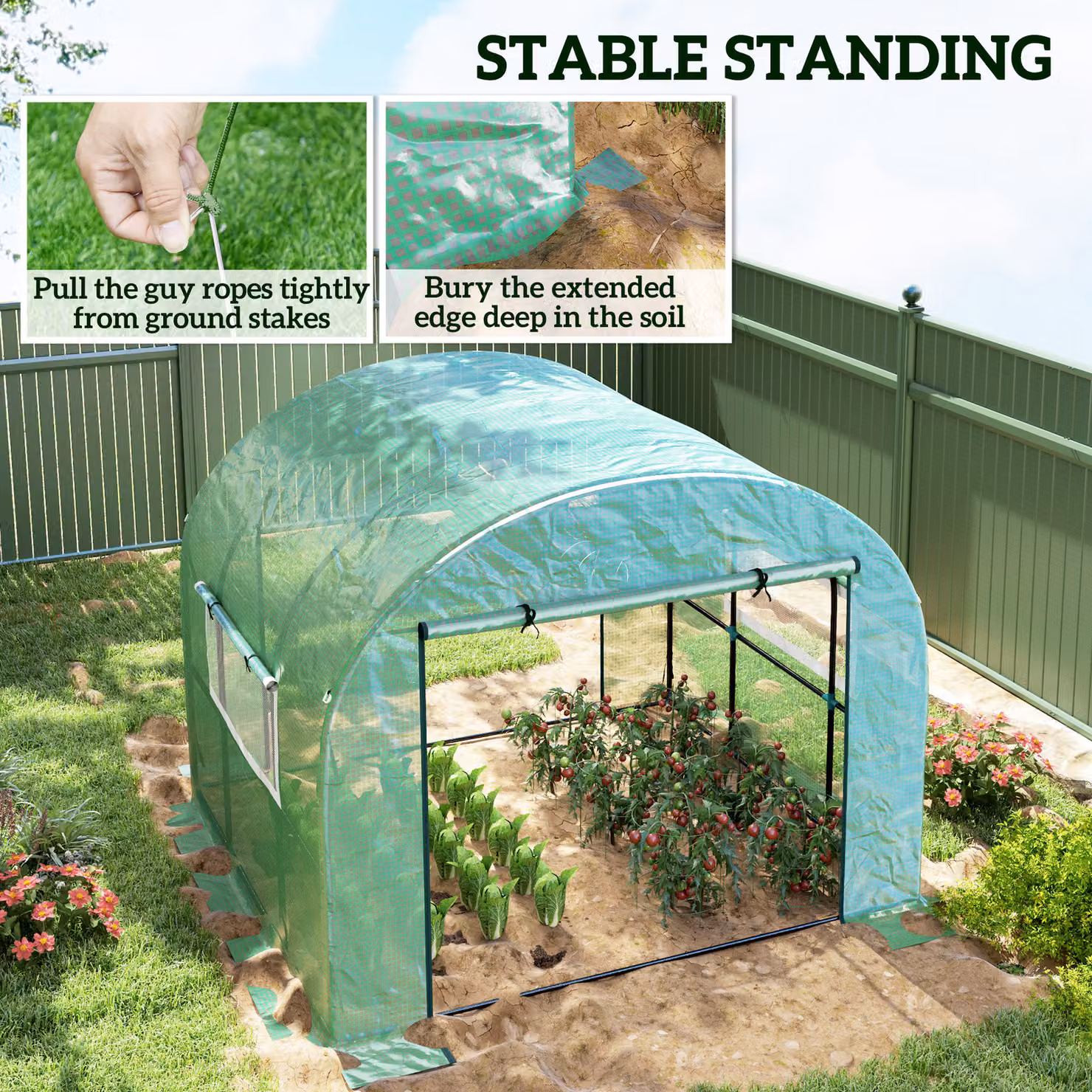 Outsunny Green Walk-In Polytunnel Greenhouse with Roller Window, W: 300 cm, D: 300 cm, H: 200 cm – 5