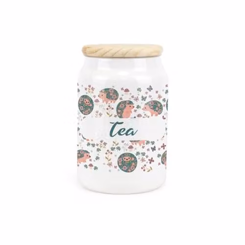 Purely Home Hedgehogs and Flowers Ceramic Tea Storage Canister with Wooden Lid, Blue and White, 0.6 l, H 14.5 cm x W 9.5 cm
