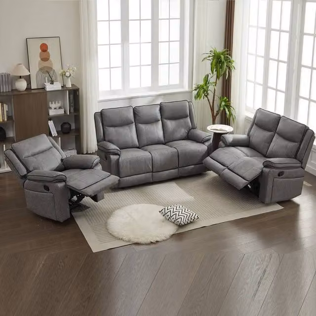 FURNITURE ONE 6 Seater Manual Recliner Sofa Set in Grey Fabric
