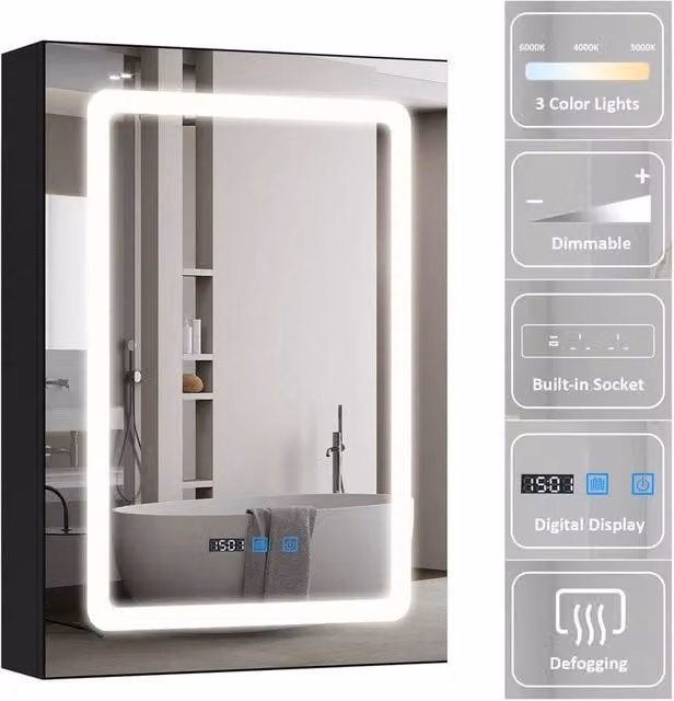 FORGEVIO Modern Wall Mounted LED Bathroom Mirror Cabinet with Shaver Socket in Matt Black