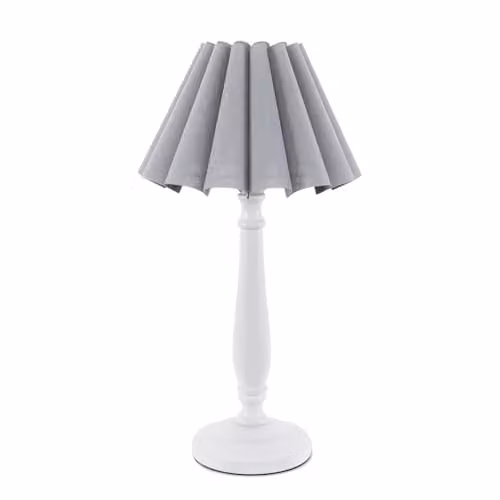 ValueLights White Wood Candlestick Table Lamp with Grey Pleated Fabric Shade and LED Bulb