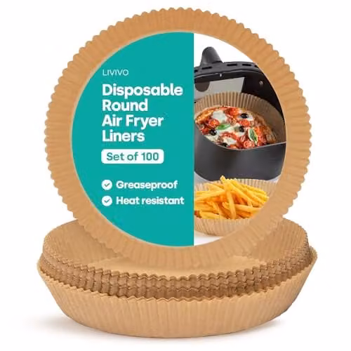 Livivo Disposable Round Air Fryer Liners, Greaseproof and Heat Resistant, Brown, Pack of 100