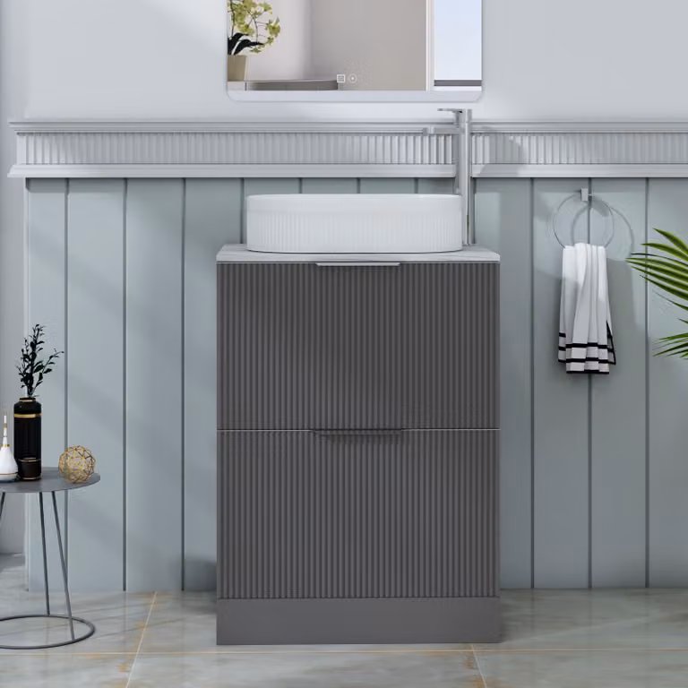 Royal Bathrooms Evora 600mm Graphite Grey Fluted Floor Standing Countertop Vanity Unit with 2 Drawers and Lyon Basin