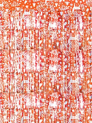 Netagon Red Shimmer Tinsel Curtain with Reindeer and Christmas Tree Design, W: 1 m, H: 3 m