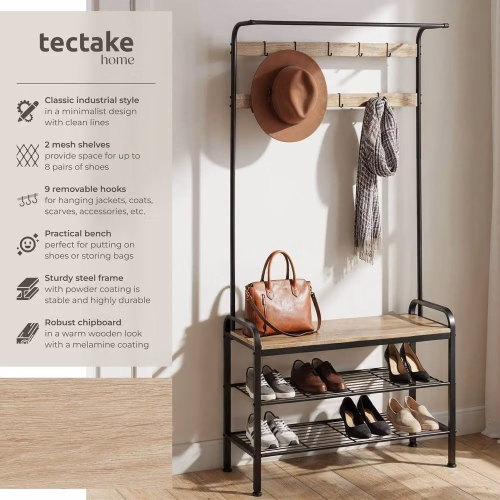 tectake Wichita Industrial Hall Tree with Bench and Dual Hook and Rail Matrix in Brown, Width: 85.5 cm – 2