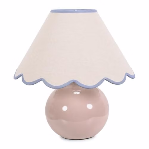 ValueLights Stone Natural Ceramic Table Lamp with Blue Trim Scallop Fabric Lampshade and Included LED Bulb in White and Blue