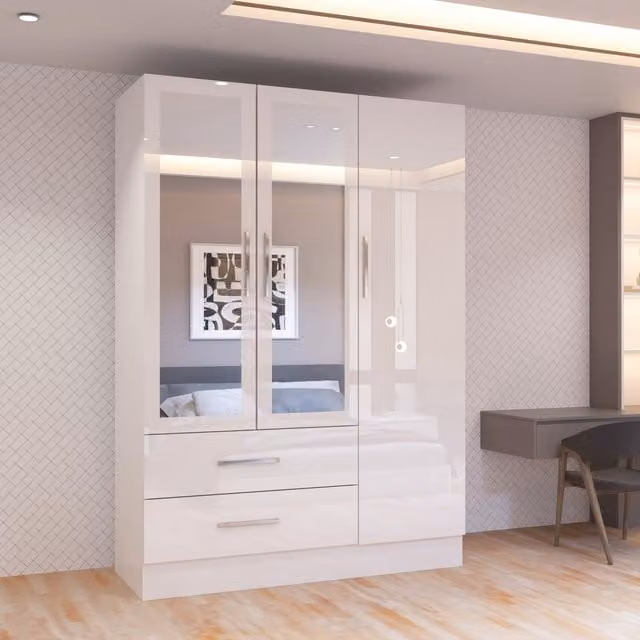 Sliding Wardrobes 4 u Modern Glossy White Hinged Door Wardrobe with Mirror, Width: 116 cm