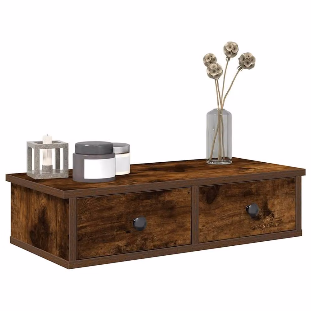 Berkfield Home Wall Mounted Shelf with Drawers in Smoked Oak Brown, W: 60 cm, D: 25 cm, H: 15 cm – 2