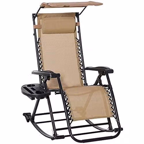 Outsunny Beige Zero-Gravity Folding Recliner with Sun Canopy, Adjustable Headrest and Side Tray