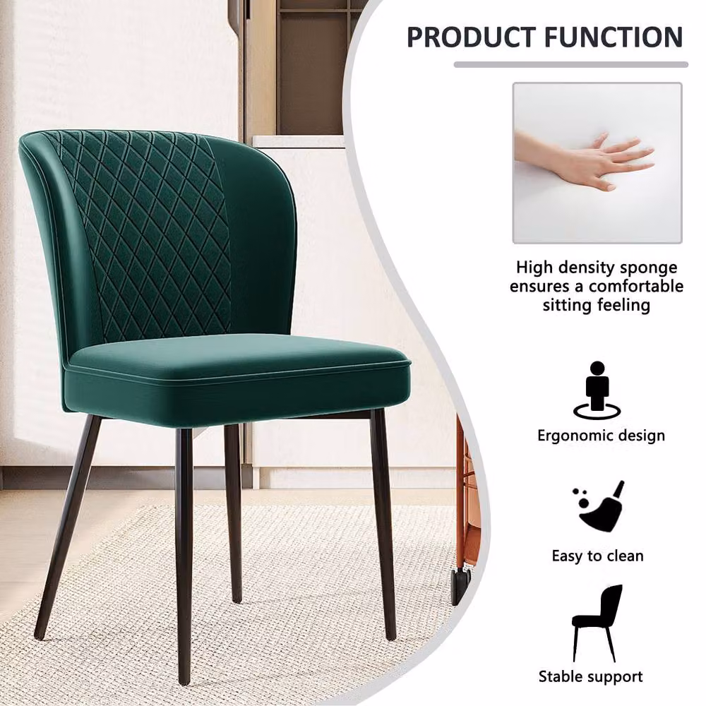 Rolipo Set of 2 Modern Dark Green Velvet Dining Chairs with Metal Legs – 4