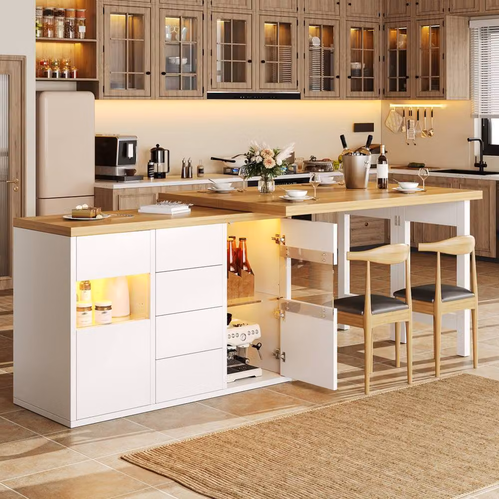 Matteo White Extendable Sideboard and Dining Table Combo with Integrated LED Lights – 2