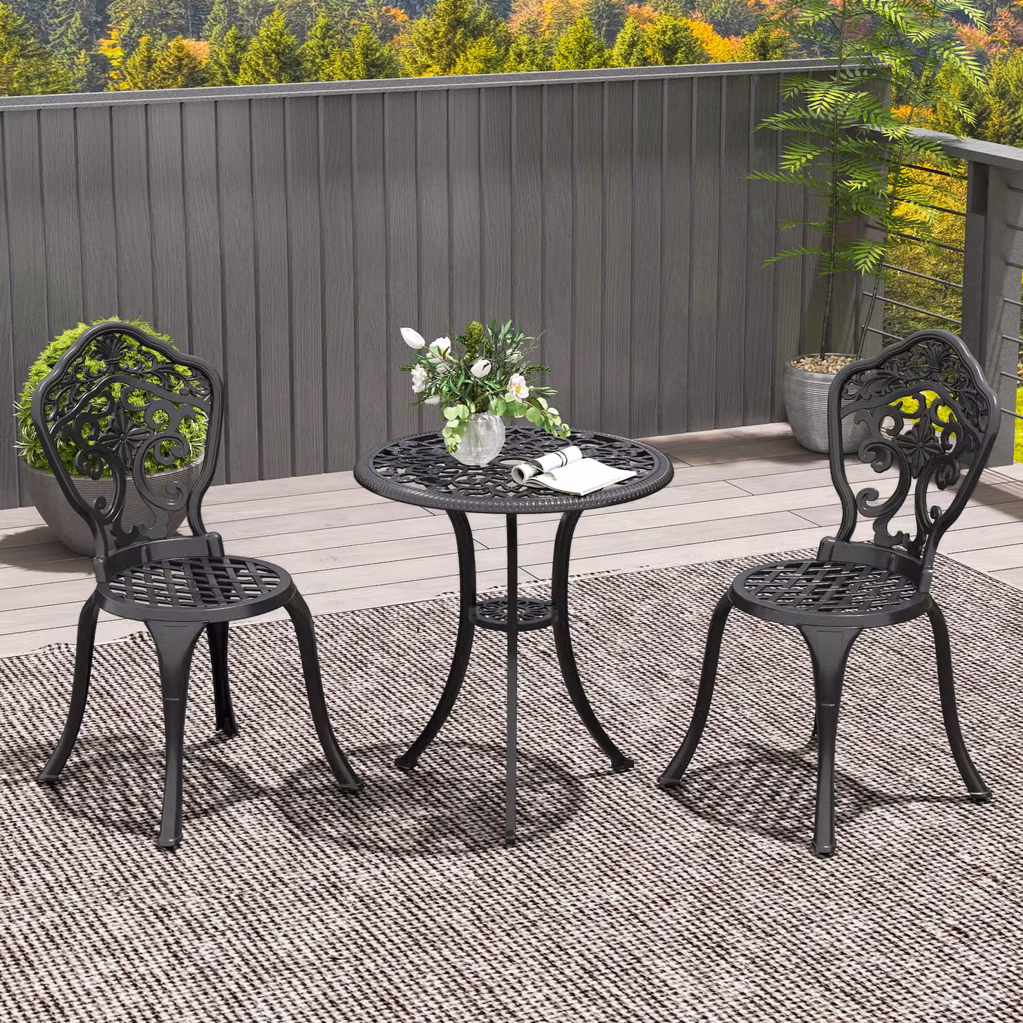 Outsunny 3 Piece Cast Aluminium Garden Bistro Set with Round Coffee Table and 2 Chairs in Matt Black – 2