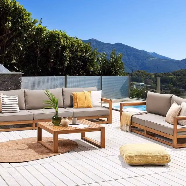 Wyld and Coco Everwood 5 Seater Acacia Outdoor Sofa Set with Coffee Table in Brown and Taupe – 1