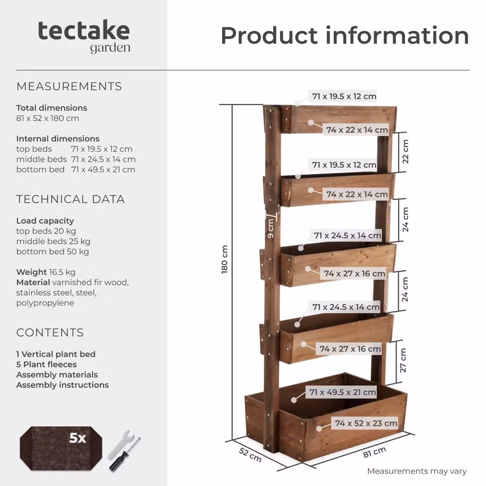 tectake Wooden Raised Bed Planter in Brown, W/D/H: 180 x 52 x 81 cm – 6