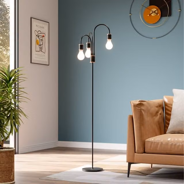 Komore Minimalist Metal Arc Floor Lamp in Black and Gold/Brass