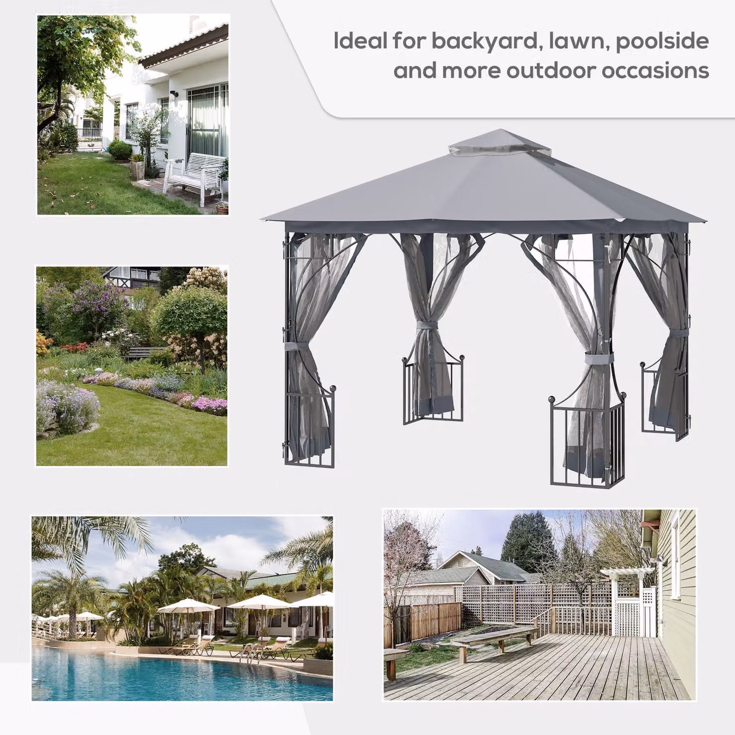 Outsunny Garden Gazebo Patio Party Tent Shelter with Double Tier Sun Shade and Metal Frame, Light Grey, W: 300 cm, D: 300 cm, H: 275 cm – 5