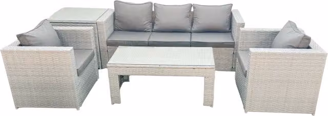 Fimous 5 Piece Rattan Garden Furniture Set with Oblong Coffee Table, 2 Chairs and Side Table in Light Grey