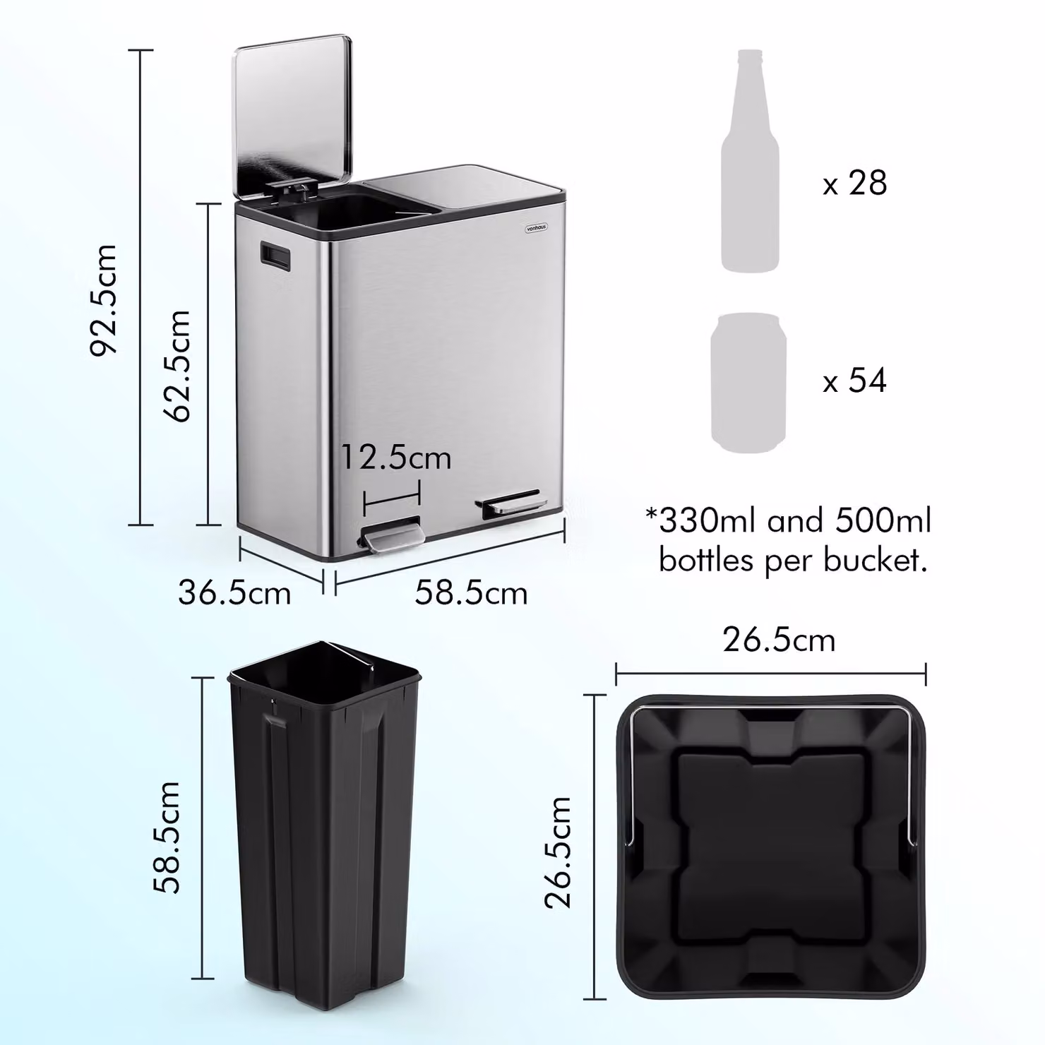 VonHaus 60L 2 Compartment Kitchen Waste and Recycling Bin with Soft Close Pedal in Metallic Silver – 5
