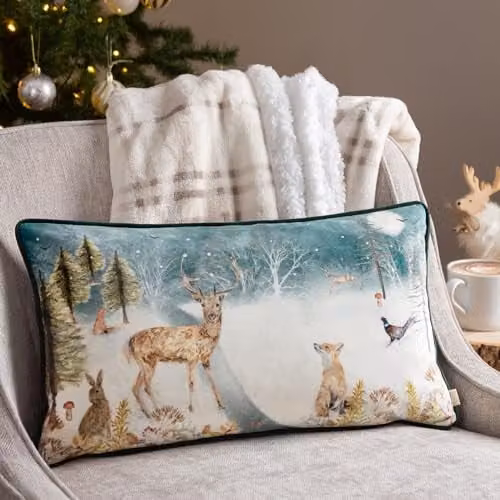 Evans Winter Stag Multicolour Velvet Polyester Filled Rectangular Cushion W: 50 cm, H: 30 cm – 4